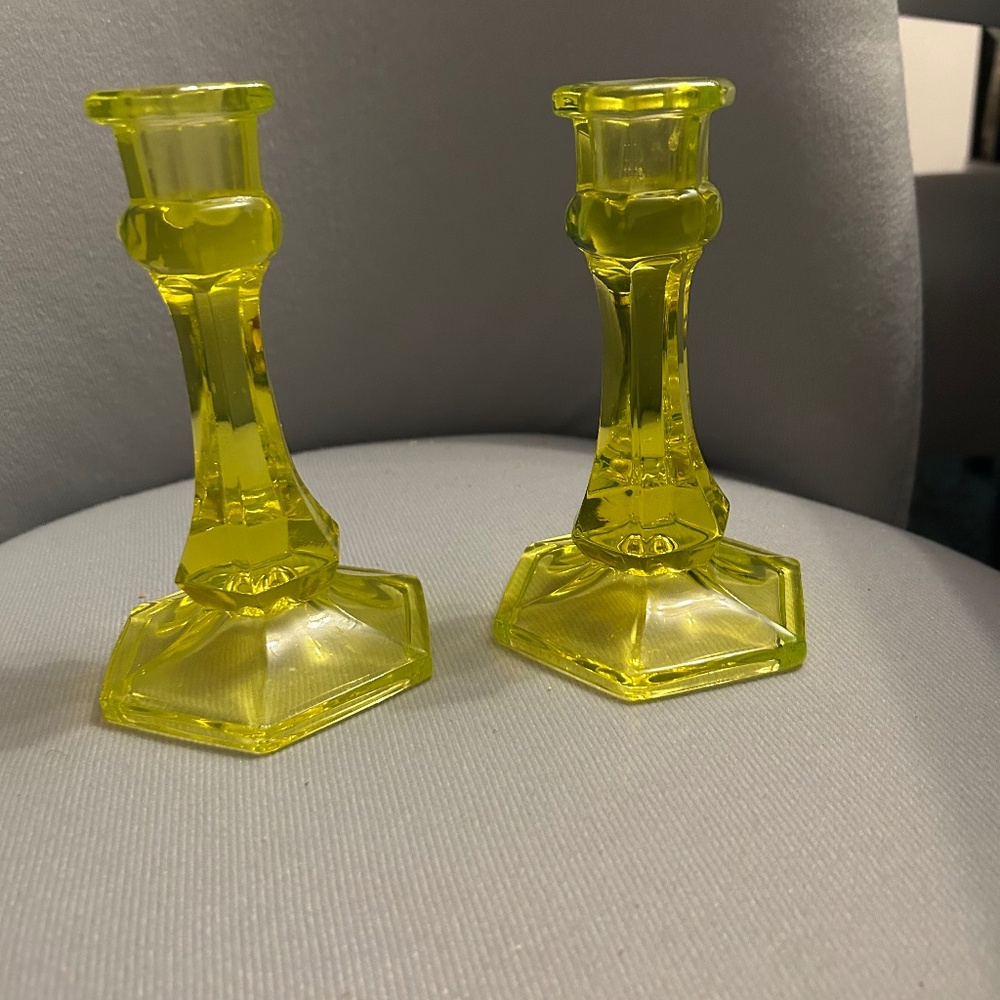 Vintage Vaseline Glass Uranium Candlesticks (Pair) 6 1/4” H 3 1/2” Base
